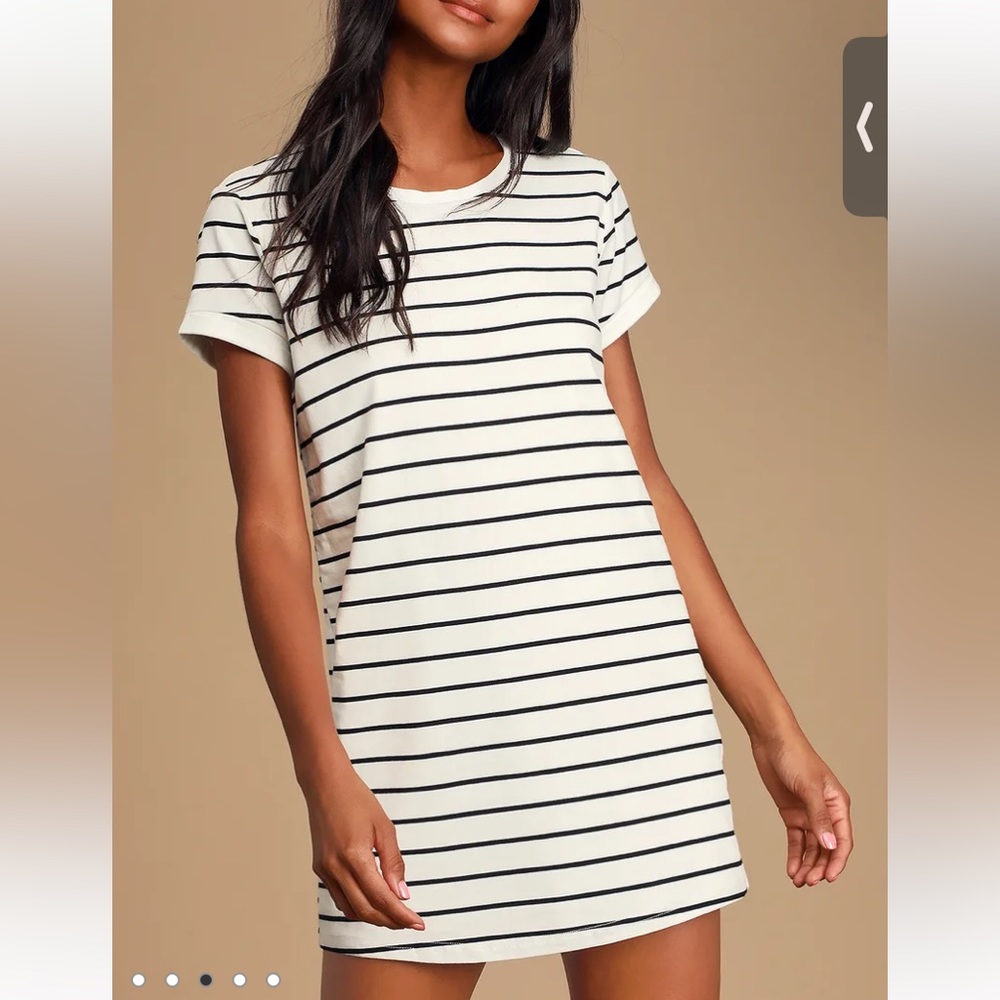 Lulus cafe society black and cream striped shirt dress